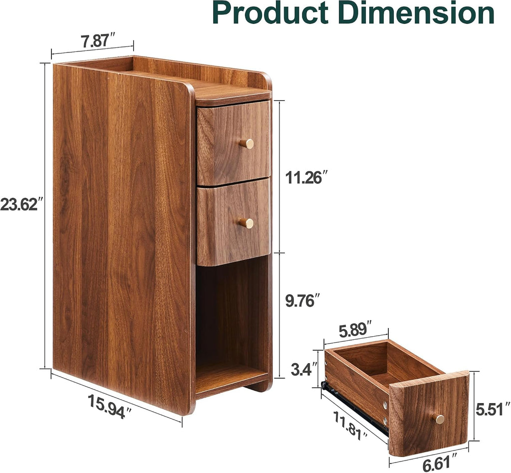 Walnut Narrow 2-Drawer Nightstand