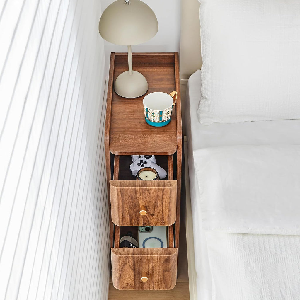 Walnut Narrow 2-Drawer Nightstand