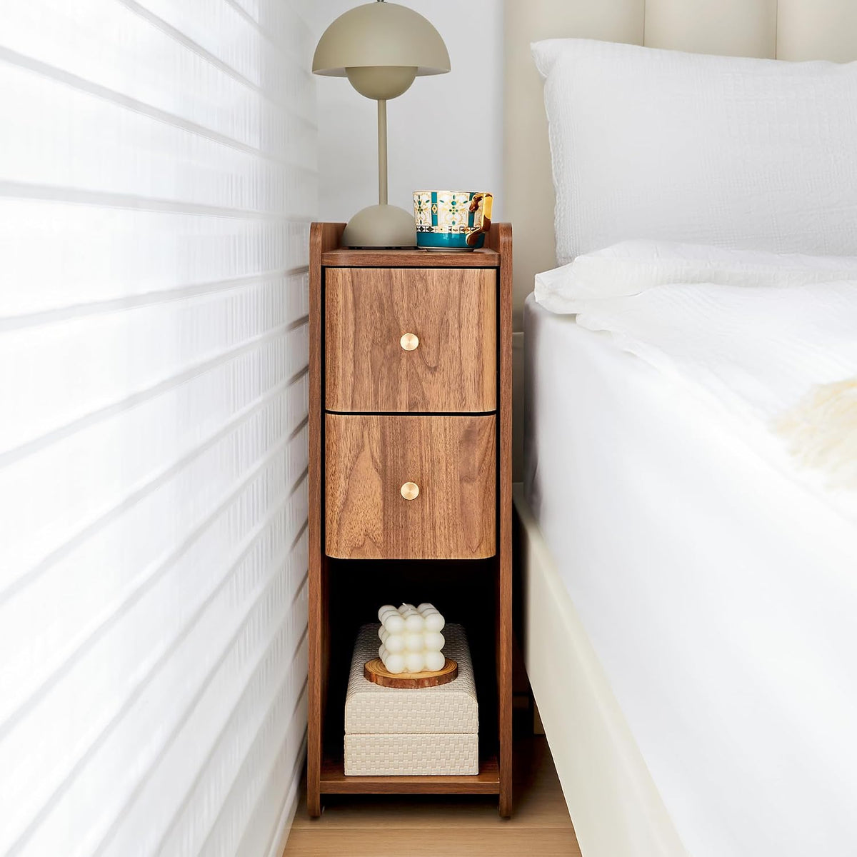Walnut Narrow 2-Drawer Nightstand