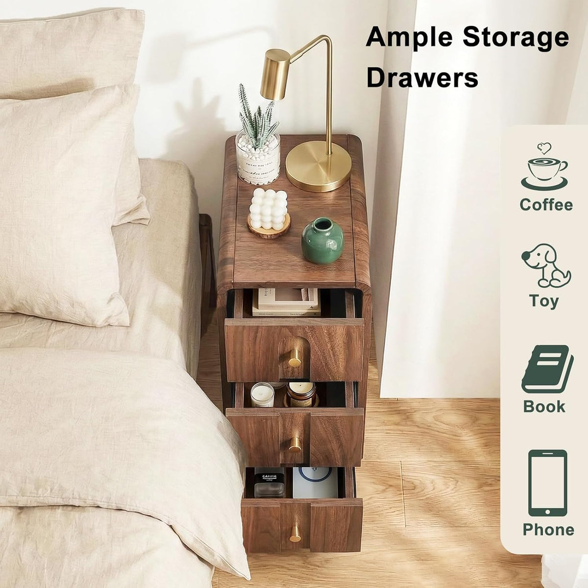 Walnut Narrow 3-Drawer Nightstand