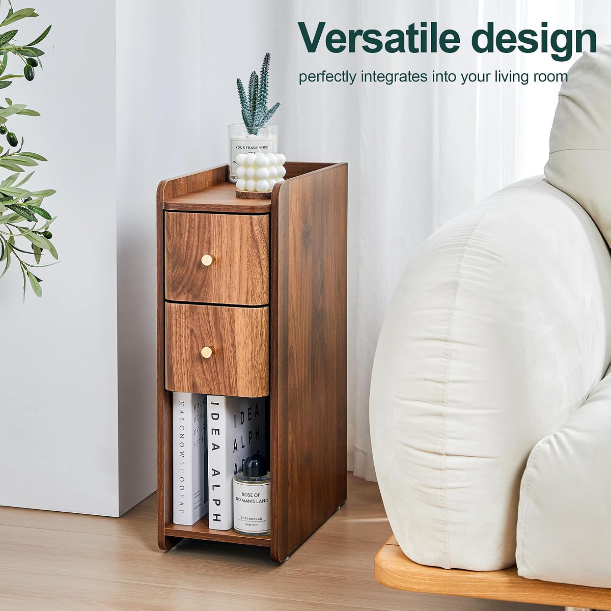 Walnut Narrow 2-Drawer Nightstand