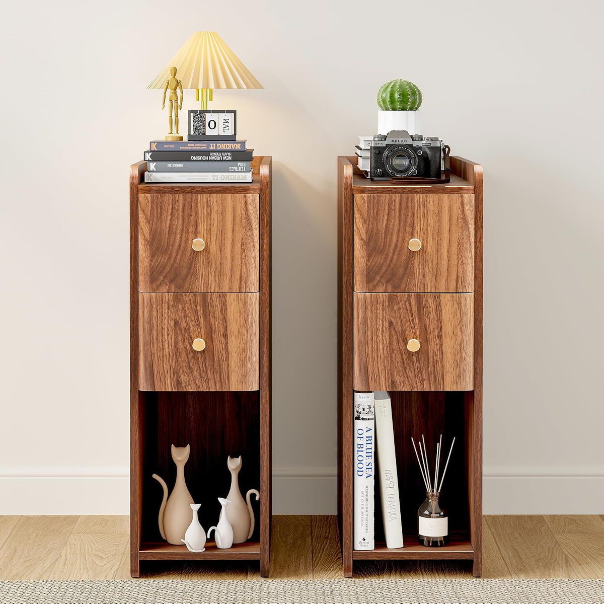 Walnut Narrow 2-Drawer Nightstand