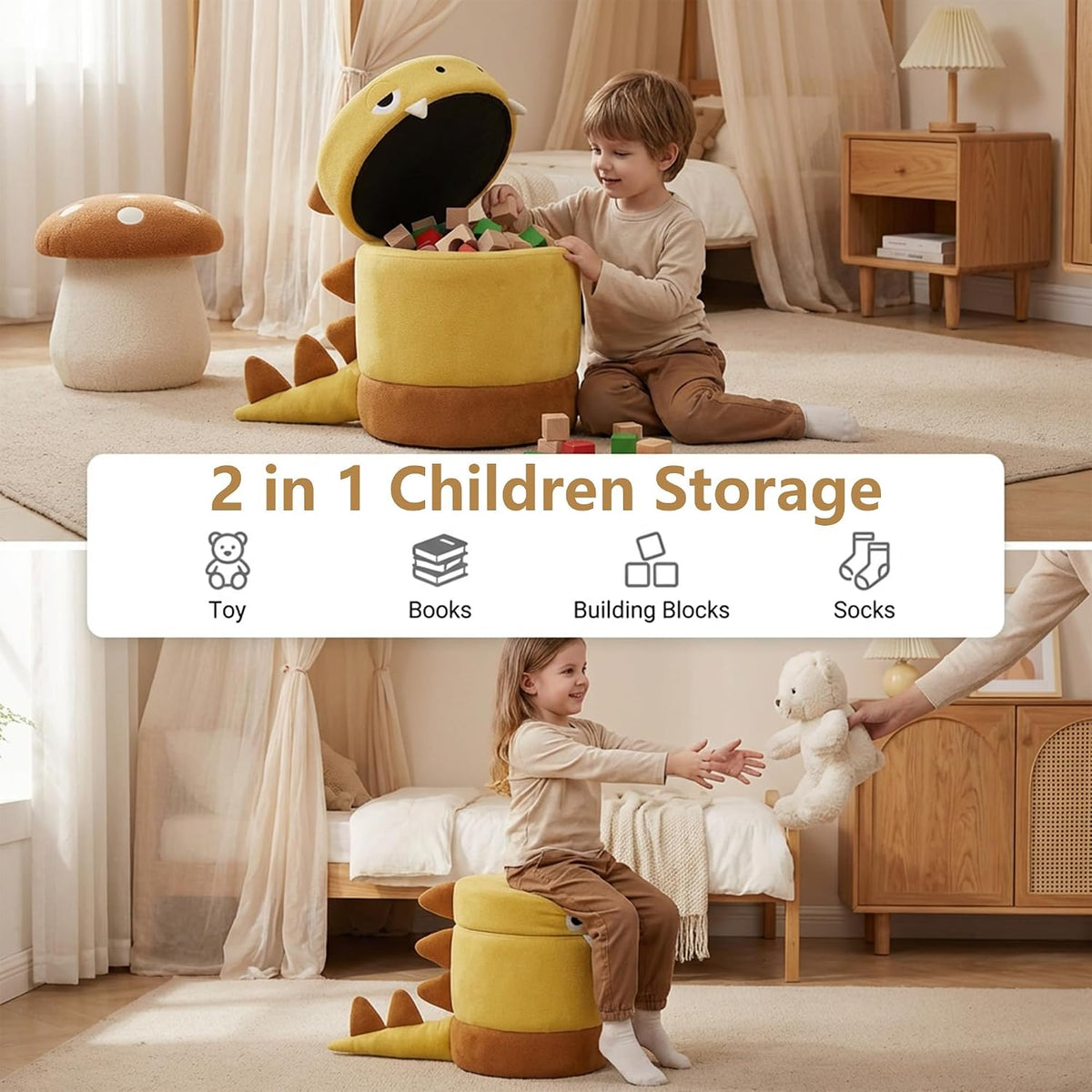 Yellow Dinosaur Kids Storage Ottoman