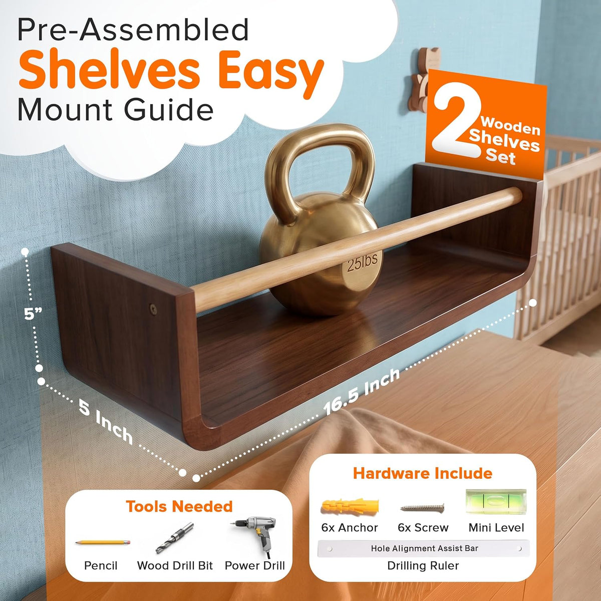 Walnut Floating Nursery Shelves