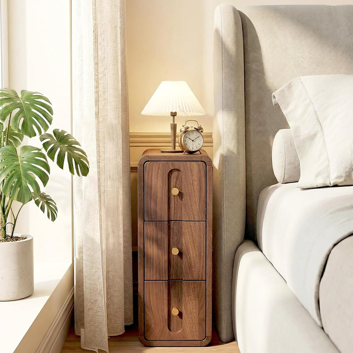 Walnut Narrow 3-Drawer Nightstand